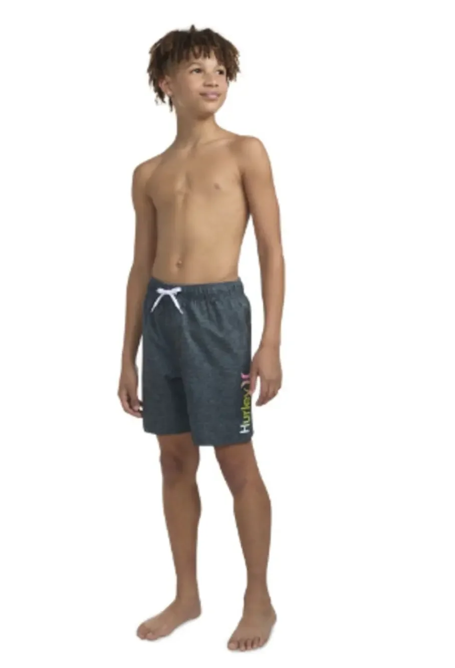 HURLEY Boys Printed Heathered Pull-On Swim Short Large Black Grey NWOT